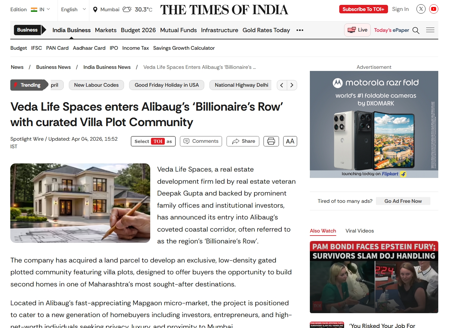 Times of India – Veda Life Spaces Alibaug coverage